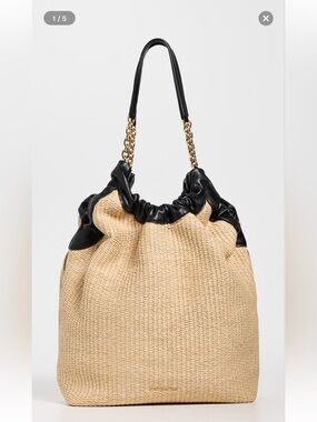 DeMellier Beige Straw Tote with Black Leather Trim and Gold Chain Handles